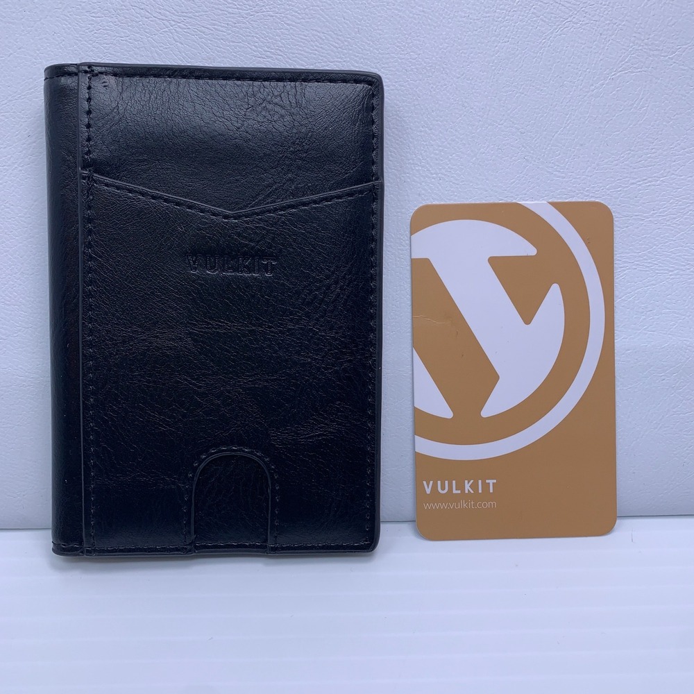 VULKIT Mens OS Black Slim Leather Bifold Card Holder Wallet NWT